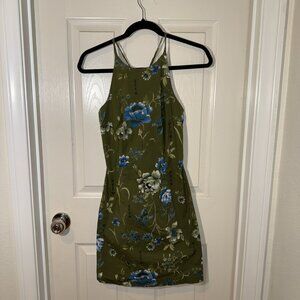 Rampage Junior's 7 Green Oriental Floral High Neck Halter Bodycon MIni 90s Dress
